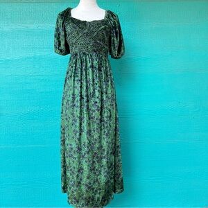 PIPER SCOOT VELOUR VELVET GREEN BLUE SMOCKED CORSET MAXI DRESS SIZE MEDIUM NWOT